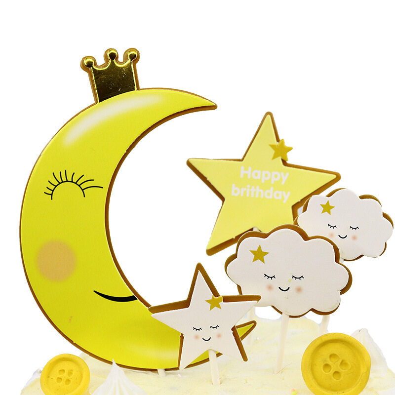 Tm Set Yellow Pink Blue Crown Moon Star Cloud Pattern Birthday Cake