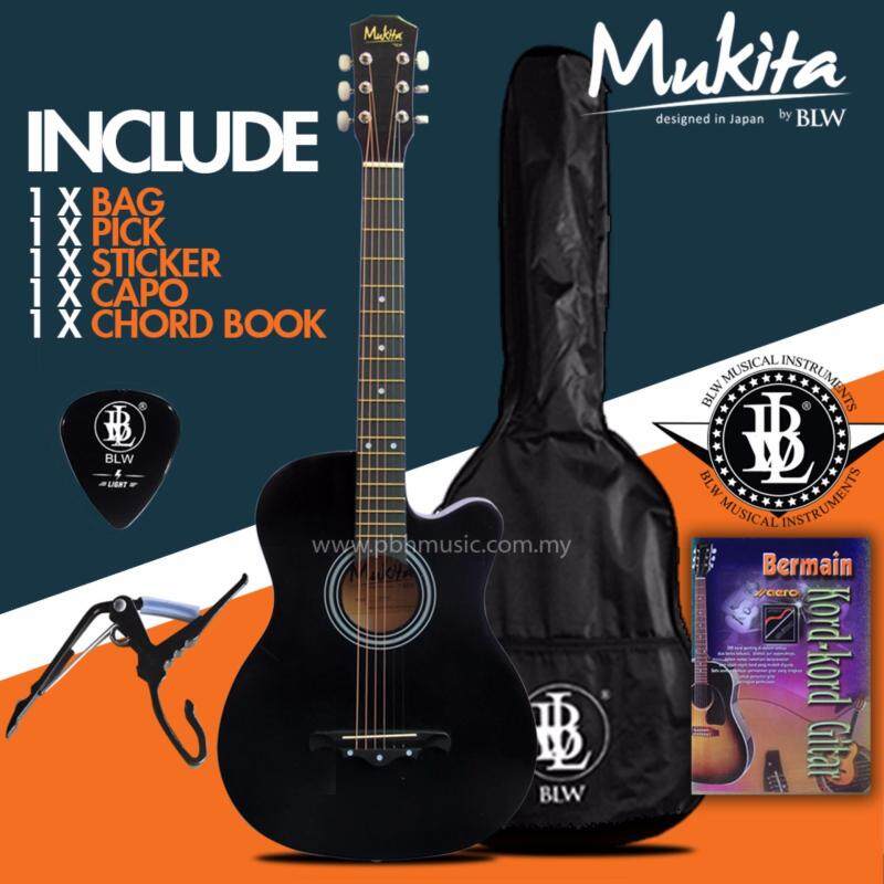 Mukita by BLW Standard Acoustic Folk Cutaway Basic Guitar Package 38 Inch for beginners with Bag, Pick, Capo, Chord Book and Merchandise Sticker (Black) Malaysia