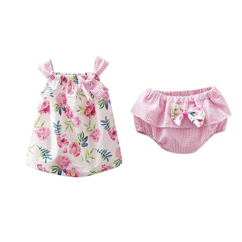 Bayi Setelan Gaun Gadis Musim Panas Motif Garis Dasi Kupu-kupu Rompi + Garis Celana Pendek Fashion Pantai Baju untuk 0-3 Tahun