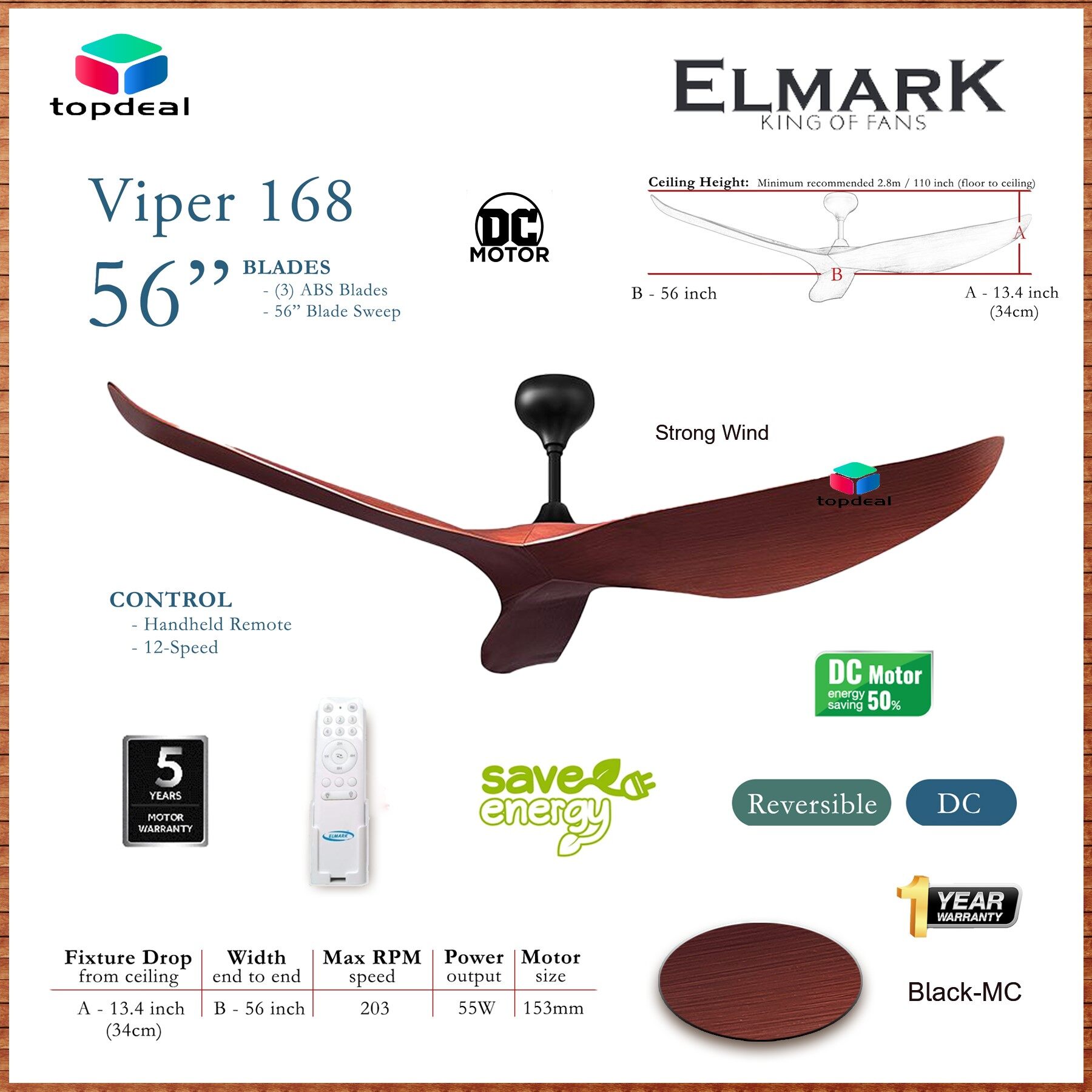 Ceiling Fan Elmark Viper Dc Motor With Blades Abs Remote