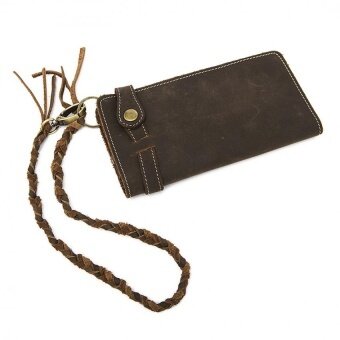 Mens Tampilan Kulit Asli Dompet Lipat Panjang-Intl