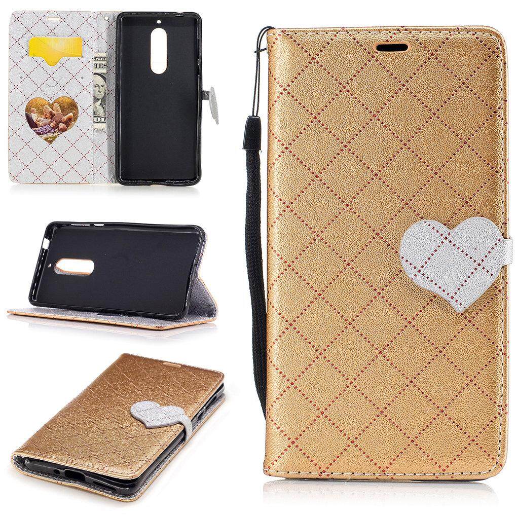 Nokia 5 Case, Hati Yang Unik Magnet Penutupan PU Kulit Flip Dompet Dudukan Kartu Slot Case Cover untuk Nokia 5 (Emas) -Intl