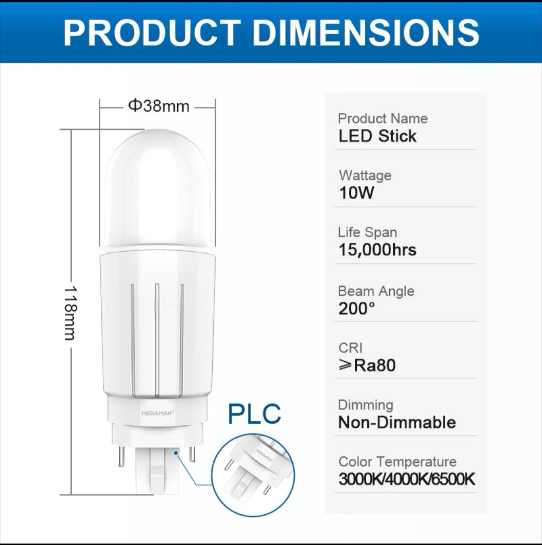 SIRIM MEGAMAN 10W LED E27 PLC 10W STICK BULB YTP38Z1 COOLWHITE 4000K