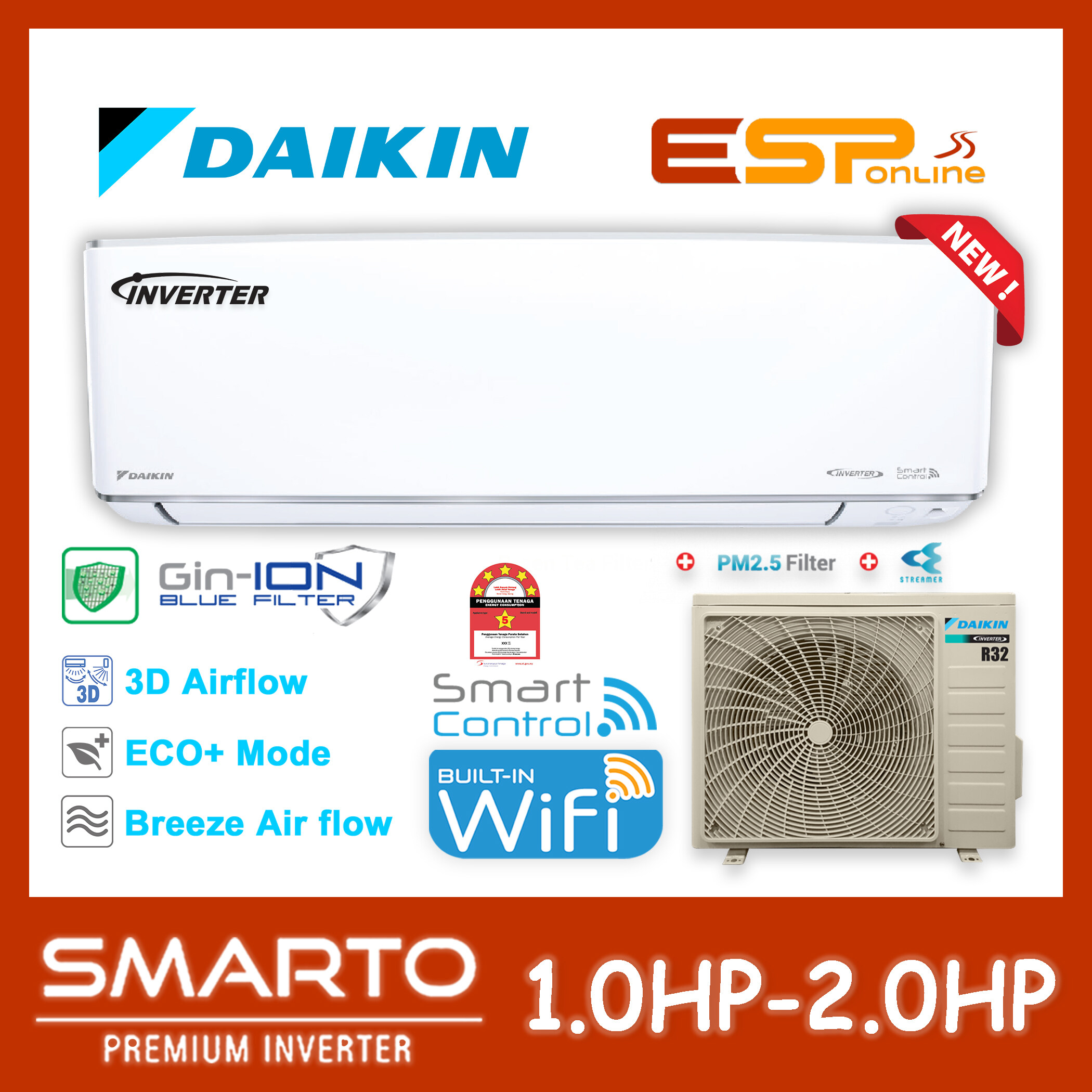 New Daikin Smarto 1HP 1 5HP 2HP R32 Premium Inverter Wall Mounted Air