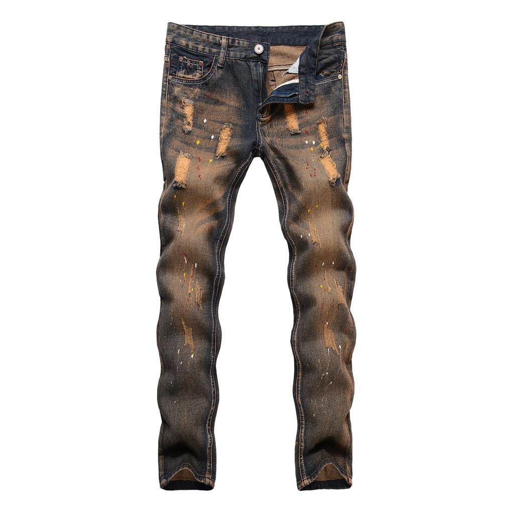 World DEAL แฟชั่นของผู้ชาย DENIM ผ้าฝ้ายตรง Hole กางเกงกางเกงยีนส์ขาดๆยาวกางเกง World DEAL แฟชั่นของผู้ชาย DENIM ผ้าฝ้ายตรง Hole กางเกงกางเกงยีนส์ขาดๆยาวกางเกง