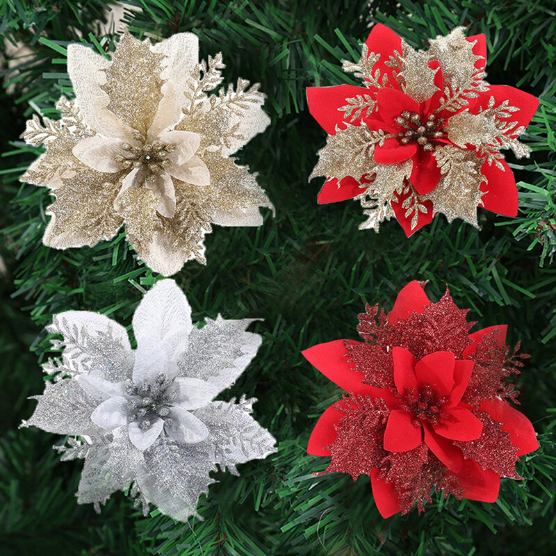 HONG Hot Sale Artificial Christmas Flowers Glitter Fake Flowers Merry