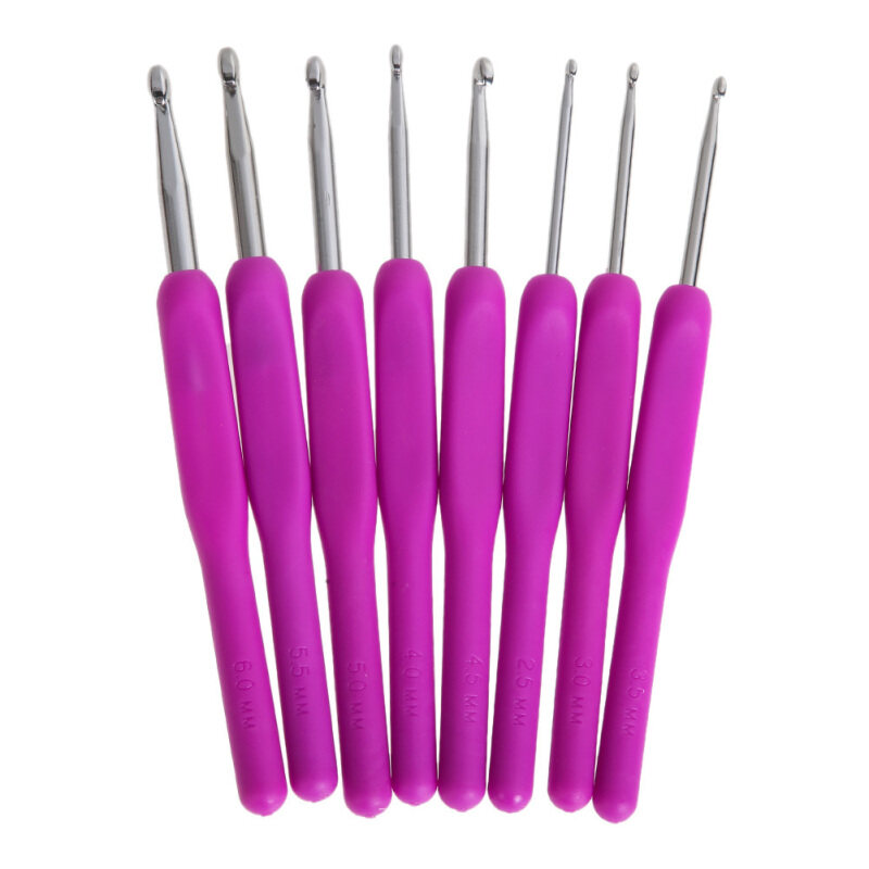 8 Sizes Soft Plastic Handle Home Aluminum Crochet Knit Hook Needle Purple
