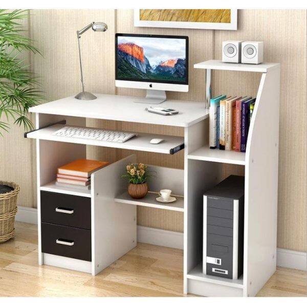 Wooden Computer Desk With Shelves Double Drawers White Malaysia