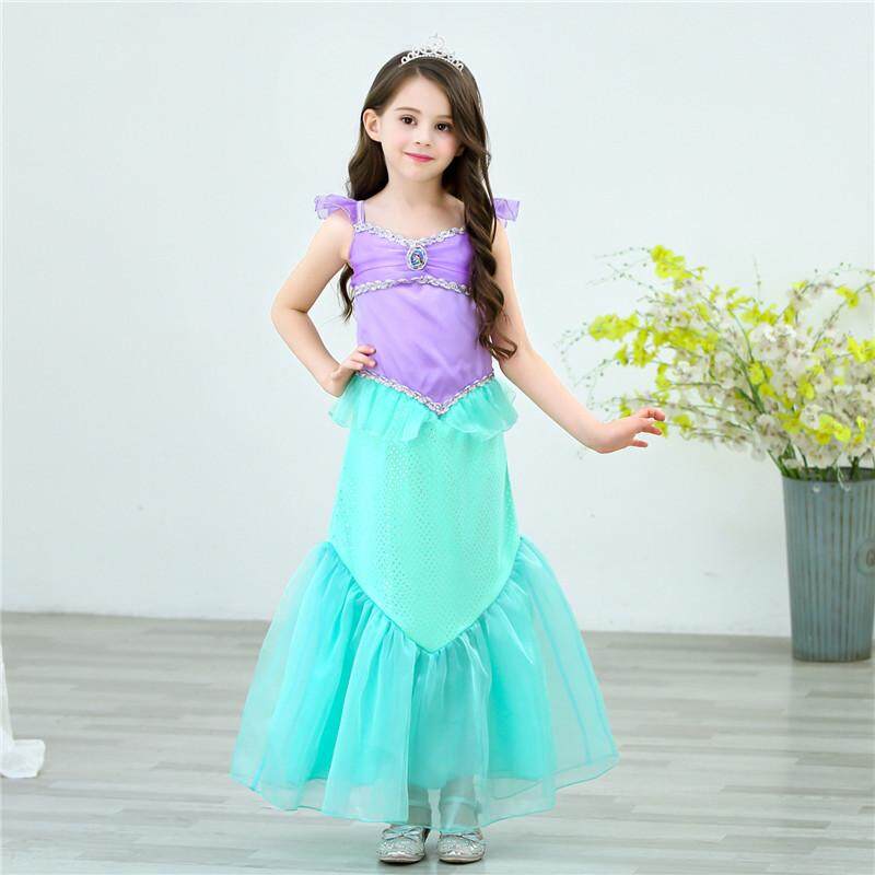 Putri Duyung Kecil Cosplay Anak Gaun untuk Gadis Putri Ariel Halloween Kostum Anak Puff Sleeve Natal Gaun Mermaid