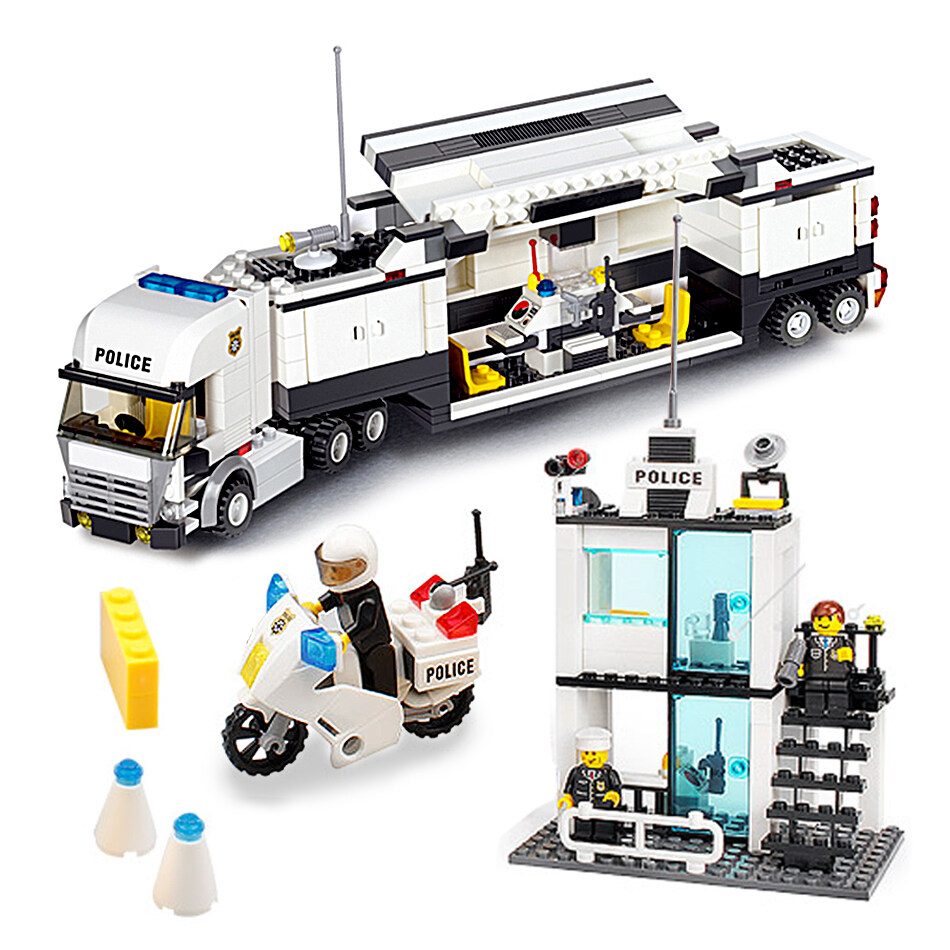 Kantor Polisi Truk Bangunan Blok Set Kompatibel dengan Legoed Tokoh Kota Enlighten Diy Batu Bata Mainan untuk Anak-anak Anak Laki-laki-Internasional
