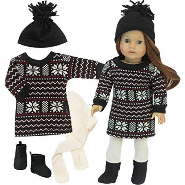 Sweater Gaun Set untuk 18 Dalam Boneka, Hitam Bergaya Fair Isle Doll Sweater Gaun dengan Topi Hitam, sepatu Bot Hitam & Gading Tights 4 Piece Musim Dingin Doll Outfit Oleh Sophias-Internasional