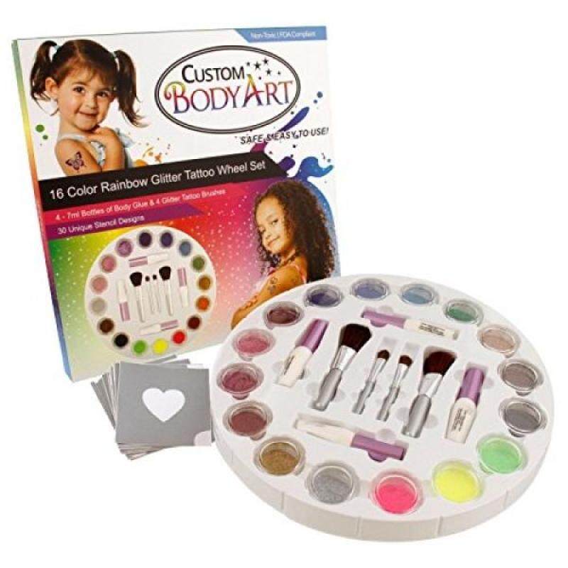 Buy Glitter Tattoo Set by Custom Body Art 16 Color Glitter Wheel Body Art Set with 16 Large Glitter Colors, 30 Uniquely Themed Temporary Tattoo Stencils, 4 Glue Applicator Bottles, 4 Glitter Brushes - intl Singapore