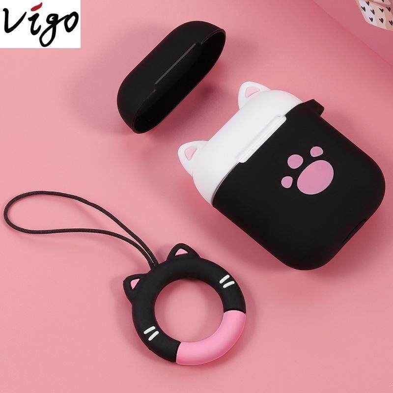 Vigo All - Inclusive ป้องกันกรณีเคสซิลิโคนแมวน่ารักป้องกันผิวกระเป๋าใส่หูฟังสีชมพูน่ารักแบบพกพาสำหรับ Apple airPods