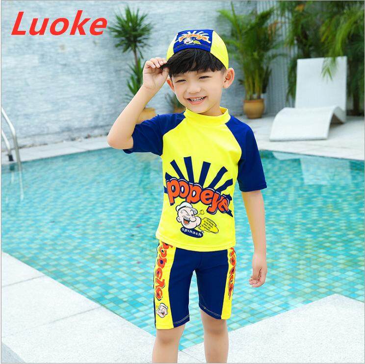 Luoke ชุดว่ายน้ำเด็กใหม่เด็กชุดว่ายน้ำผ่าแขนสั้นบอกเซอร์กันแดดเสื้อกั๊กสำหรับใส่ไว้ในสูท BOYSS-yzj-119-LDY1807