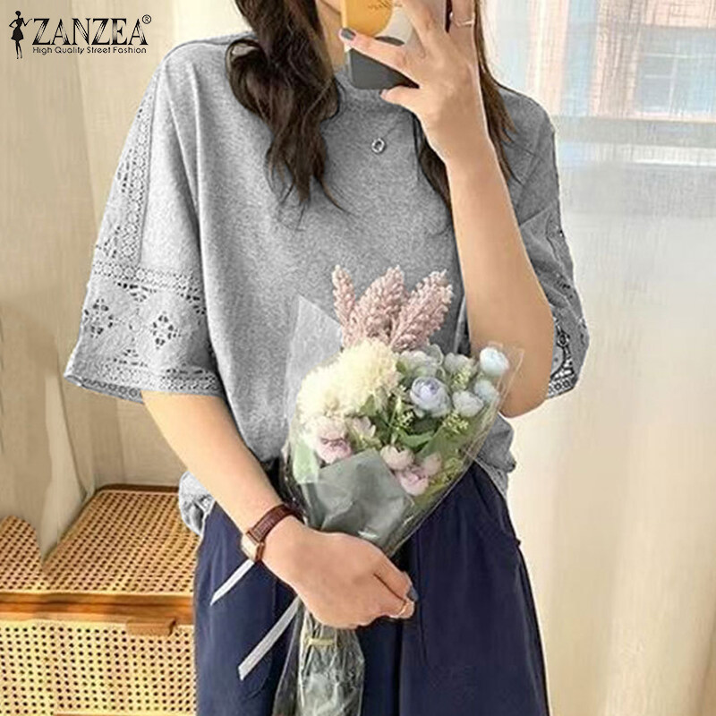 Zanzea Korean Style Women Lace Half Sleeve T Shirts Casual Plain Loose