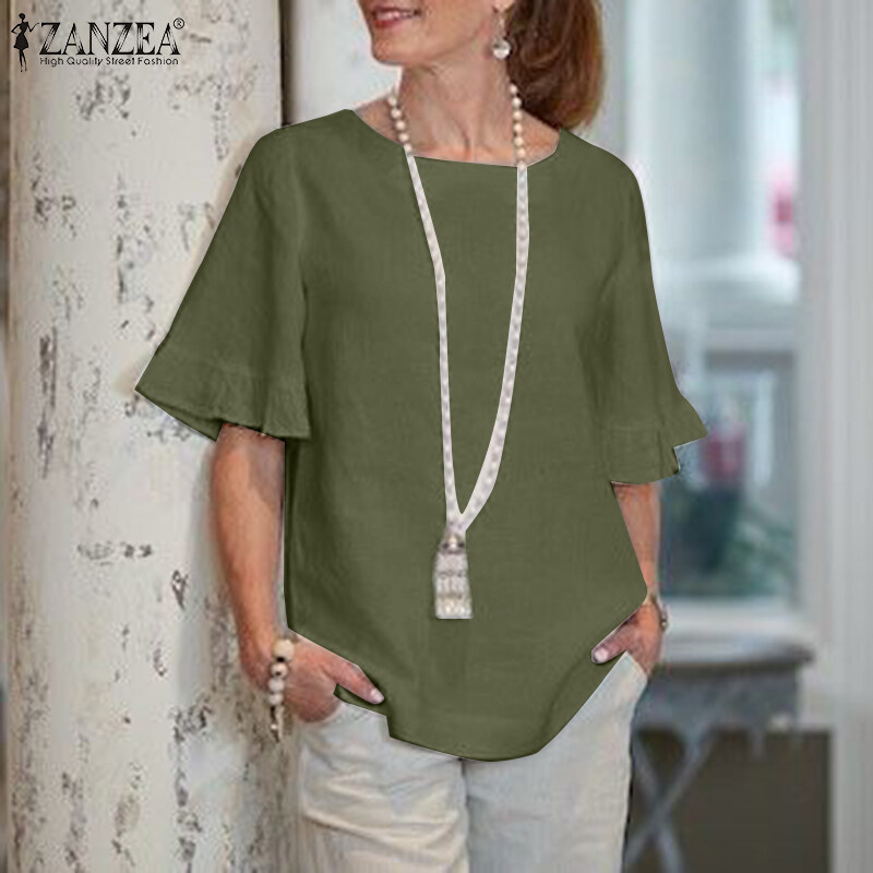 ZANZEA Women S Vintage Cotton Flare Sleeve Tops Casual Loose Round Neck