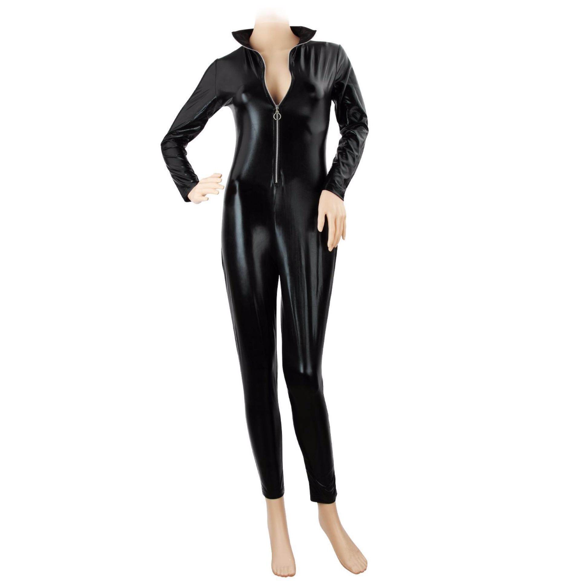 Catwoman Jumpsuit PU Kulit Catwoman Kostum Fancy Dress Catsuit Hen Pesta Pakaian Dewasa Cosplay Ketat Bodysuit Zip Up Black- INTL