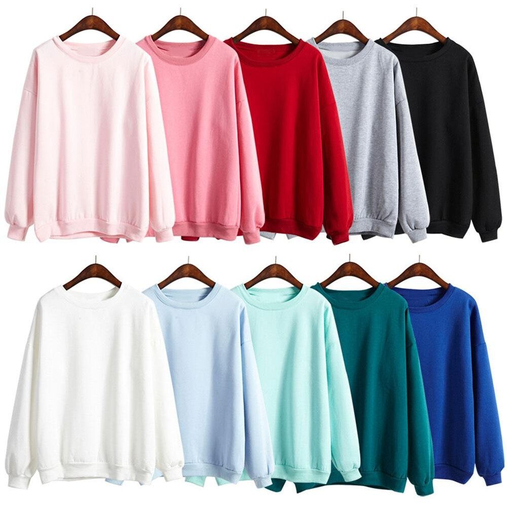 Eachgo Women Casual Round Collar Fleece Solid Color Long Sleeves Loose Sweet Students Girls Blouse Hoody
