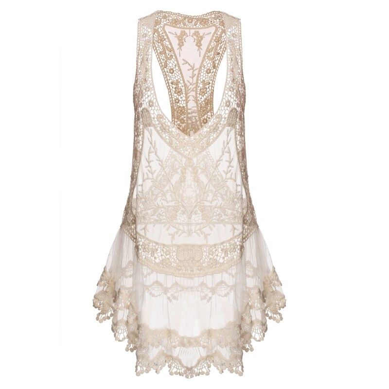 Nơi bán GETEK Women Beach Swimwear Bikini Cover Up Lace Crochet Dress (Beige) - Intl