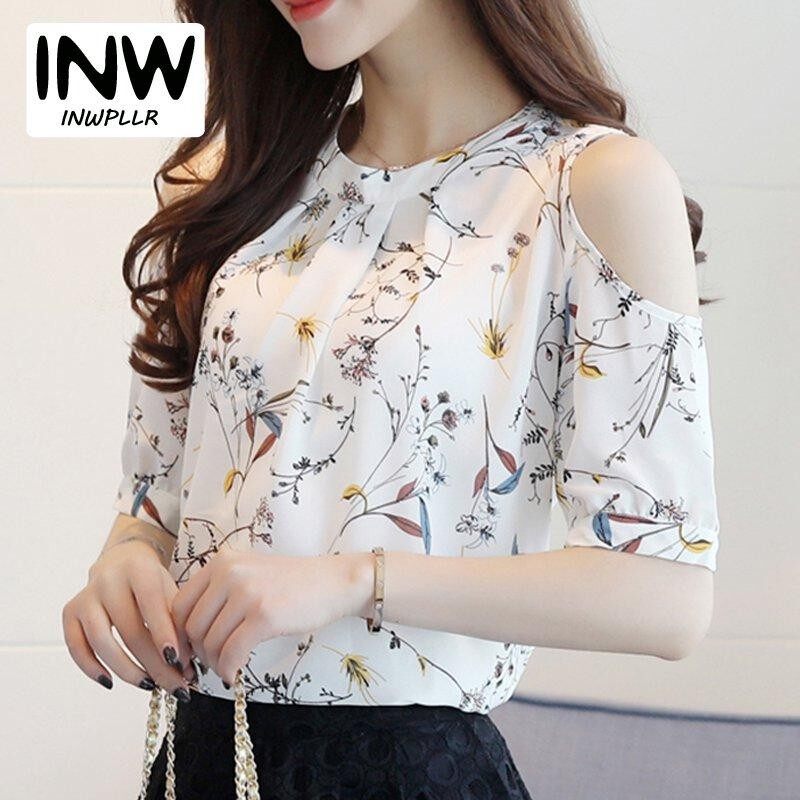 INWPLLR เสื้อเบลาส์ลำลองผ้าชีฟอง พิมพ์ลายดอก เปิดไหล่ สำหรับผู้หญิงไซส์ใหญ่