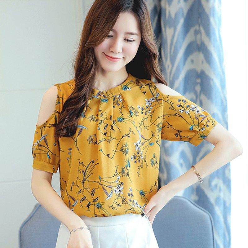 INWPLLR เสื้อเบลาส์ลำลองผ้าชีฟอง พิมพ์ลายดอก เปิดไหล่ สำหรับผู้หญิงไซส์ใหญ่