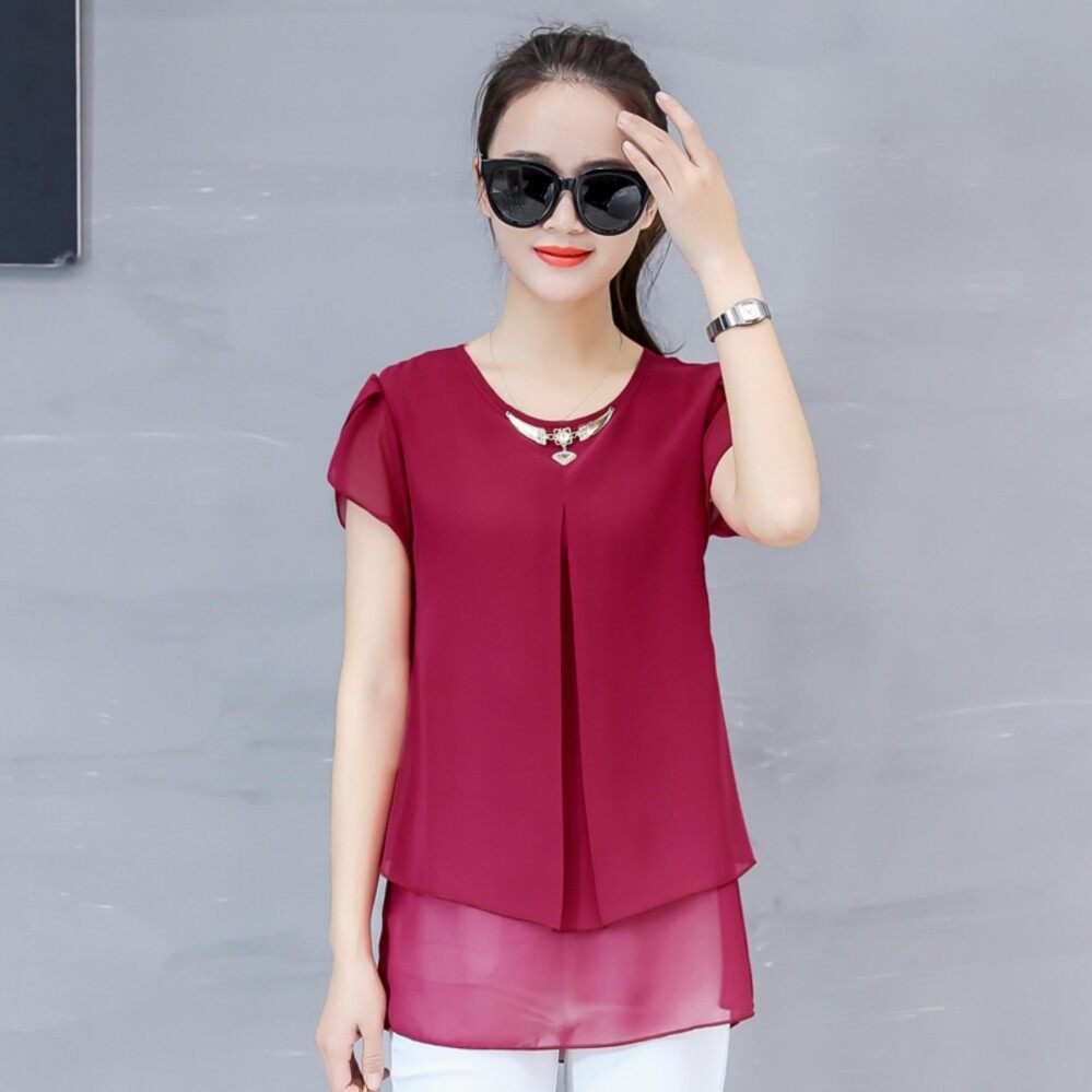 Moon Sunday Women's Plain O-Neck Short Sleeve Casual Fashion & Bohemia Summer Chiffon T-shirt Top & Blouse T Shirt Women Shirt for Holiday & Beach Free Shipping China Spring Festival Lucky