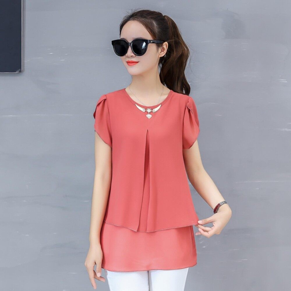 Moon Sunday Women's Plain O-Neck Short Sleeve Casual Fashion & Bohemia Summer Chiffon T-shirt Top & Blouse T Shirt Women Shirt for Holiday & Beach Free Shipping China Spring Festival Lucky
