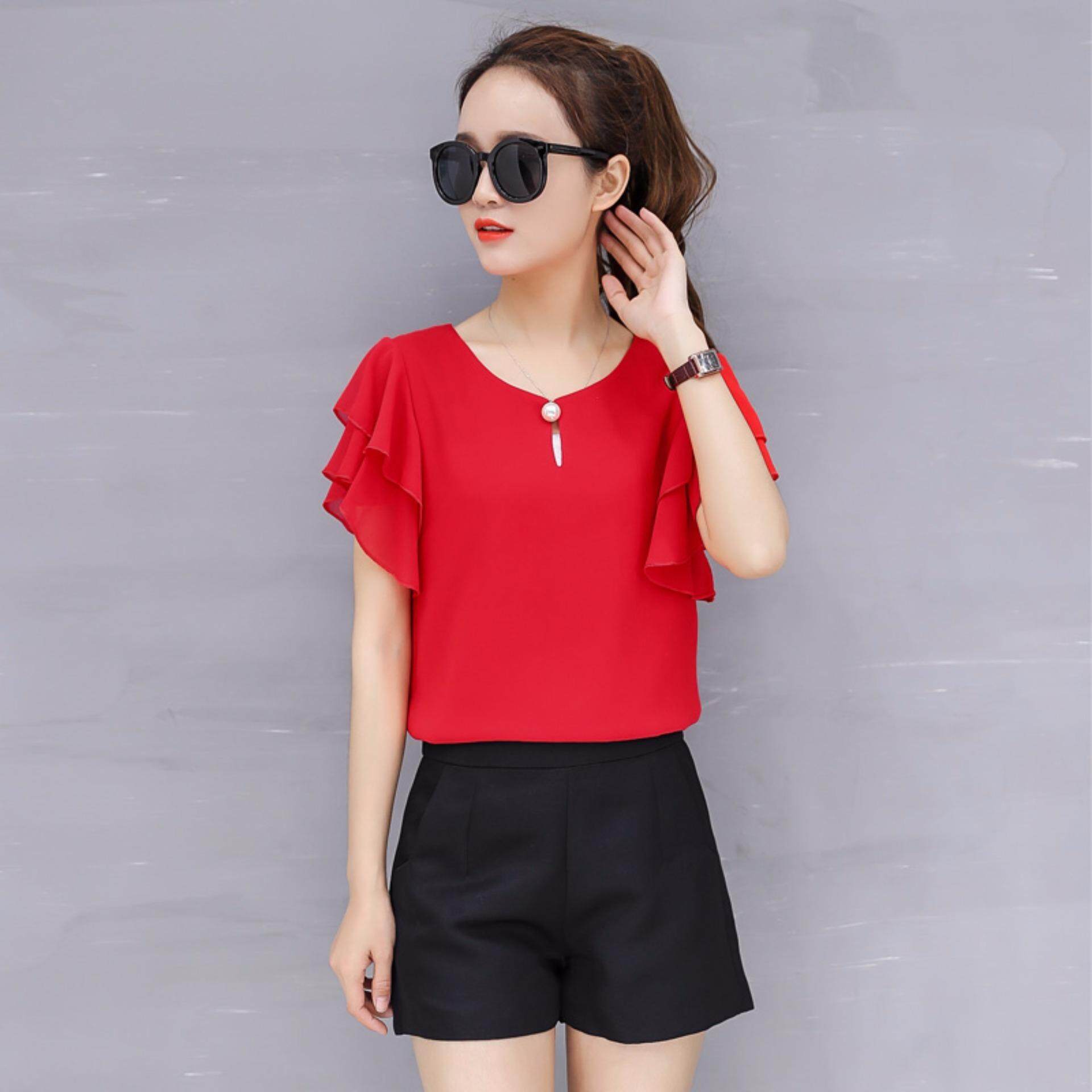 Moon Sunday Women's Plain O-Neck Short Sleeve Casual Fashion Summer Elegant Chiffon T-shirt Top & Blouse Blouse T Shirt For Women Blouse T Shirt For Women Blouse Women T Shirt Women Blouse Women Shirt Holiday & Beach Free Shipping