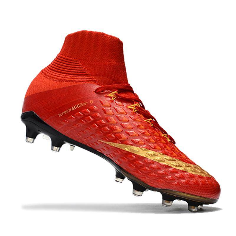 Baru FG Nail Football Boots Pria Tinggi Membantu 3D Tenun Fly Line Sepatu Sepak Bola Hypervenom Phantom 3 DF FG Radiasi Flare Sepatu Sepak Bola Cleat Merah Keemasan-Intl