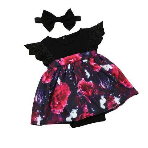 Newborn Infant Baby Girl Floral Romper Princess Dress+Headband Sister Outfit Set 1