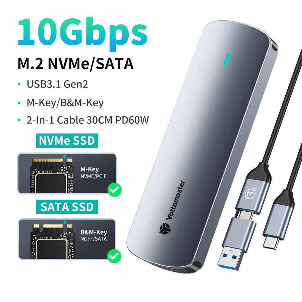 Yottamaster ฮารดดสกแบบพกพา 10Gbps M 2 NVMe PCIe SATA SSD Case Dual