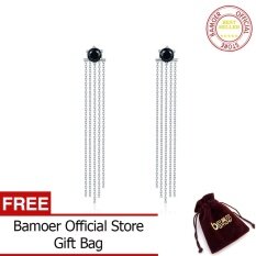 Bamoer Antik 925 Sterling Perak Ganda Sisi Hitam CZ Rumbai Telinga Jaket Menjuntai Jatuh Anting-Anting Perhiasan SCE055