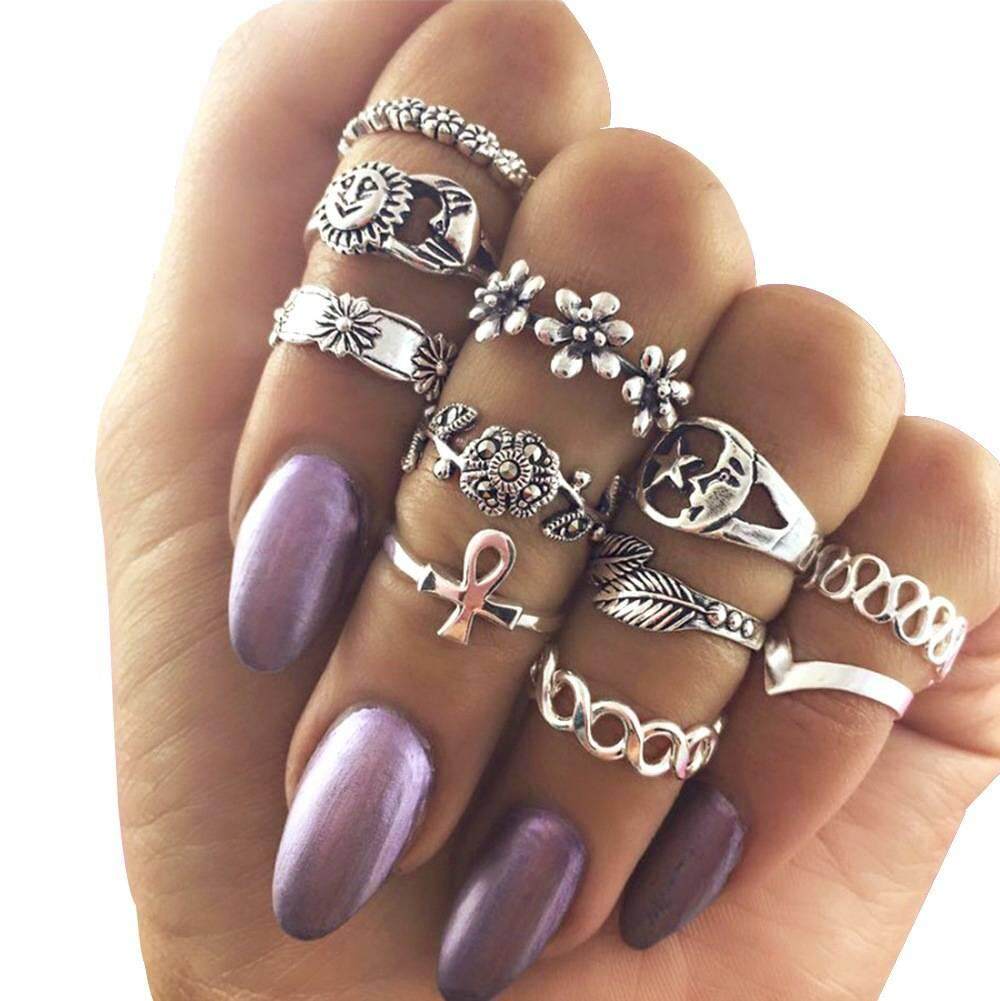 Bigood 11 Pcs Wanita Antik Matahari Bulan Bintang Bunga Carved Fringe Cincin Perhiasan Perak-Internasional