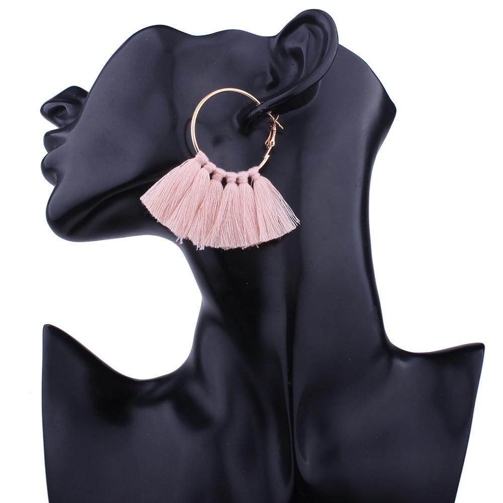 Keberuntungan-G Bohemia Penggemar Bentuk Rumbai Anting-Anting Besar Emas Lingkaran Dangle Earring Wanita Etnis Perhiasan Warna: cahaya Merah Muda-Internasional