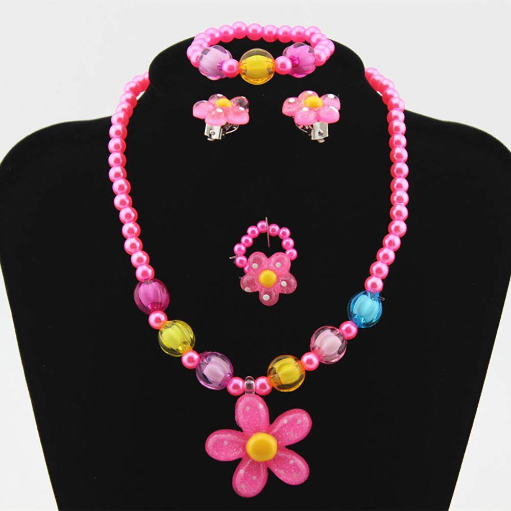 Keberuntungan-G Anak-anak Bayi Perempuan Modis Perhiasan Resin Bunga Modeling Kalung + Rantai Tangan + Anting-Anting + Lingkaran- internasional