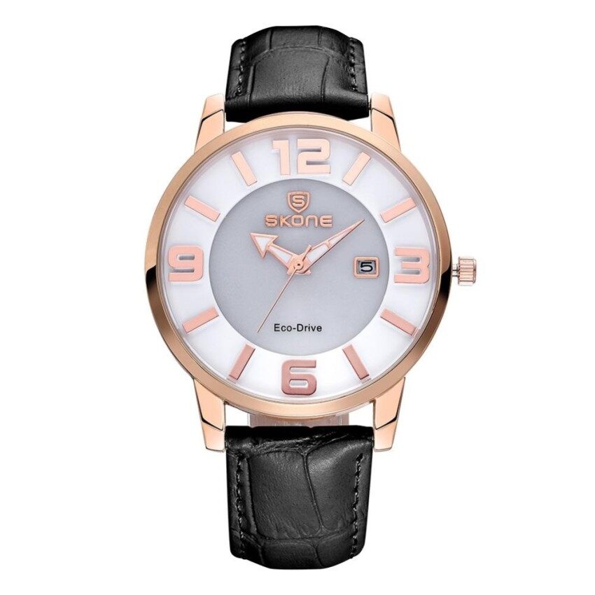 Koomyoy Skone Terbaru Luxxury Energi Matahari Tanggal Jam Tangan Wanita Montrefemme Mengisi Kulit Kasual Kuarsa Jam Tangan Gelang Jam Tangan Montre (HITAM emas Putih) -Internasional
