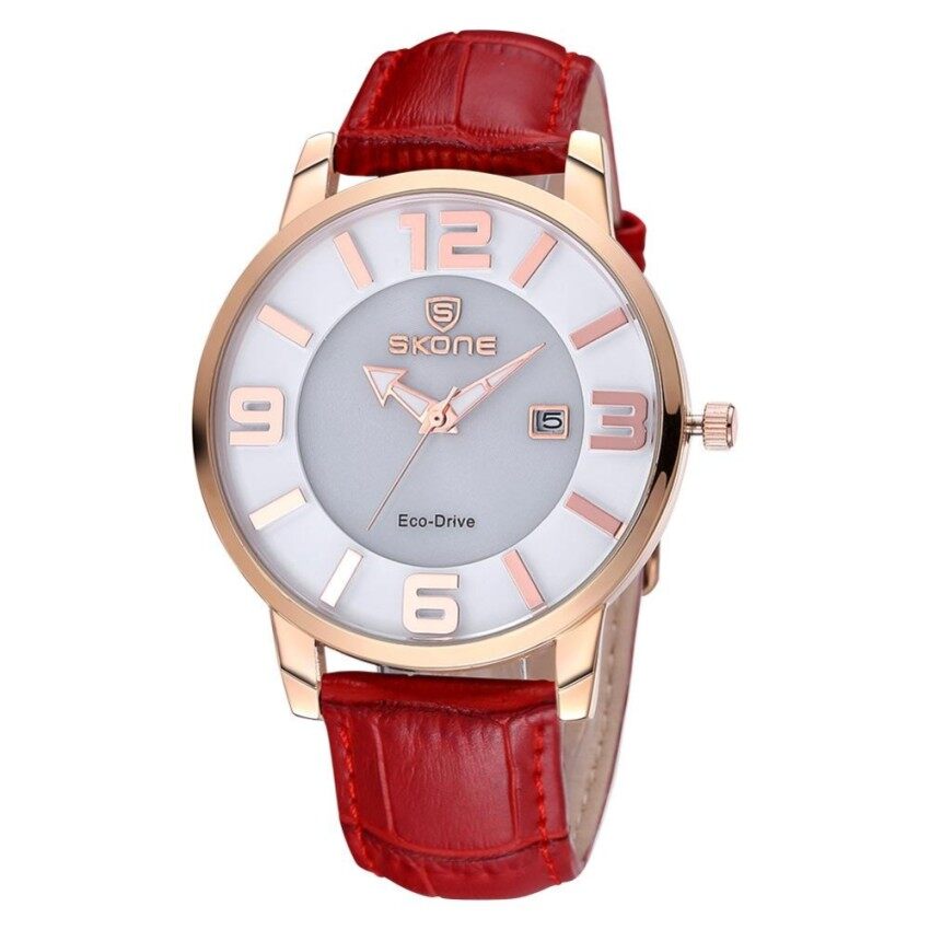 Koomyoy Skone Terbaru Luxxury Energi Matahari Tanggal Jam Tangan Wanita Montrefemme Mengisi Kulit Kasual Kuarsa Jam Tangan Gelang Jam Tangan Montre (Merah emas Putih) -Internasional
