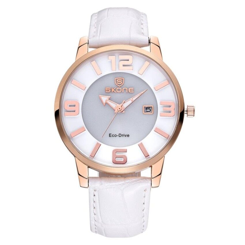 Koomyoy Skone Terbaru Luxxury Energi Matahari Tanggal Jam Tangan Wanita Montrefemme Mengisi Kulit Kasual Kuarsa Jam Tangan Gelang Jam Tangan Montre (Putih emas Putih) -Internasional