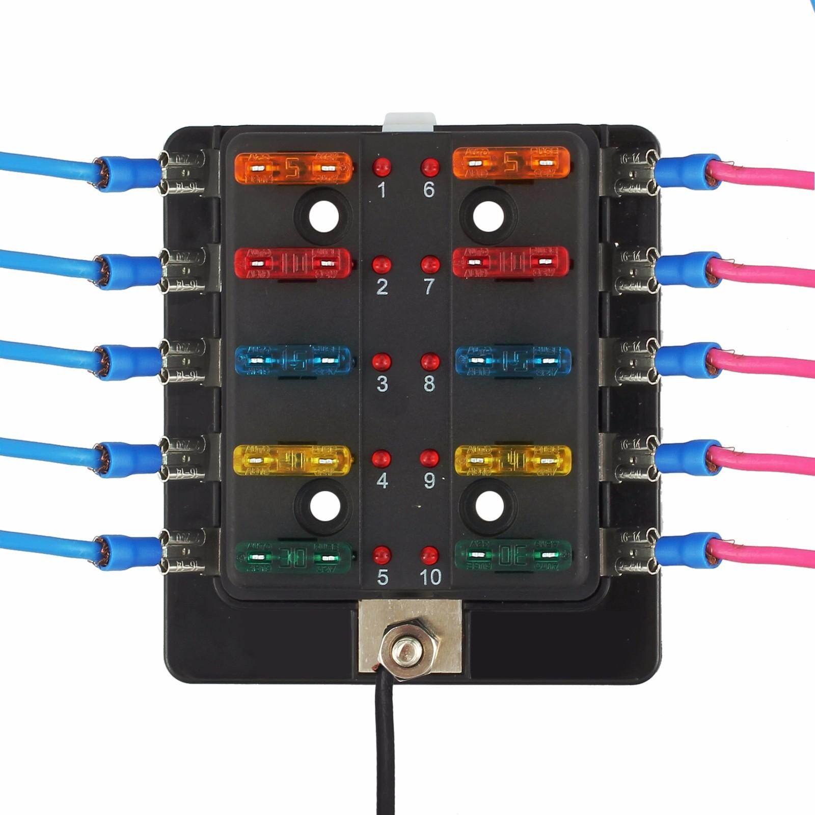 Max 32V Plastic Cover Screw Terminal 10 Way Blade Fuse Box Holder M5 stud  with LED