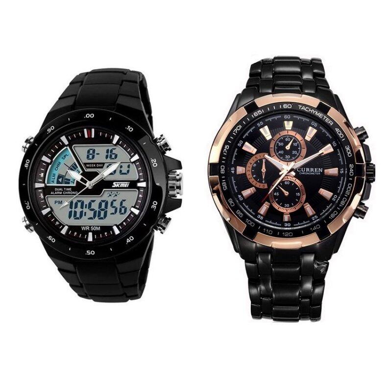 Men Dual Display Waterproof Multi-function LED Sports Watch - Black + Curren 8023 Mens Black Stainless Steel Strap Watch Malaysia