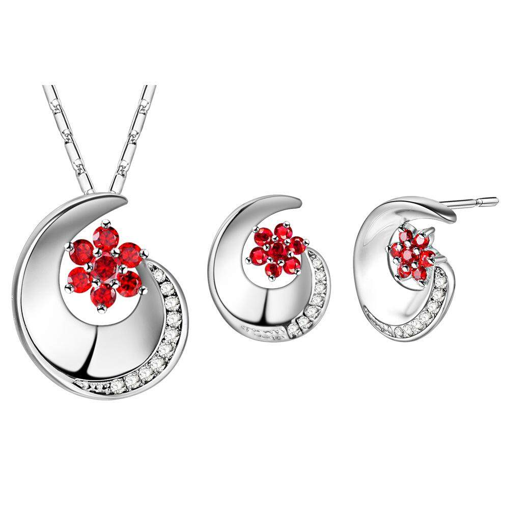 【Goodprice-Fashion】plating Perhiasan Emas Putih dengan Bunga Merah Kalung Zikron Dua Potong dari Ornamen