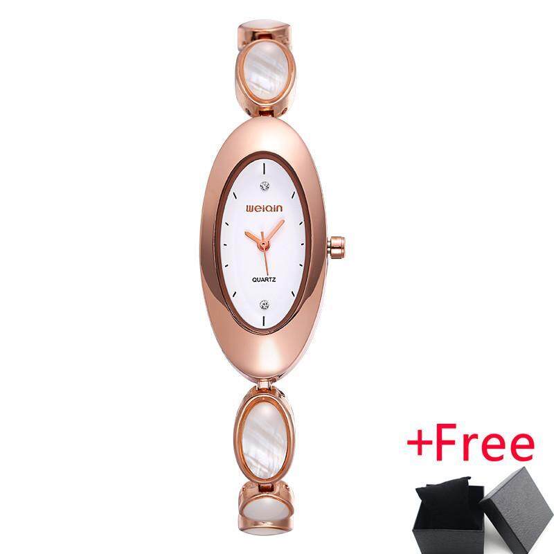 Weiqin Wanita Opal Tali Tombol Penyetel Berlian Imitasi Lonjong Mawar Gold Gelang Gelang Jam Tangan Modis Wanita Jam Tangan Perempuan Kuarsa Arloji 2612- internasional
