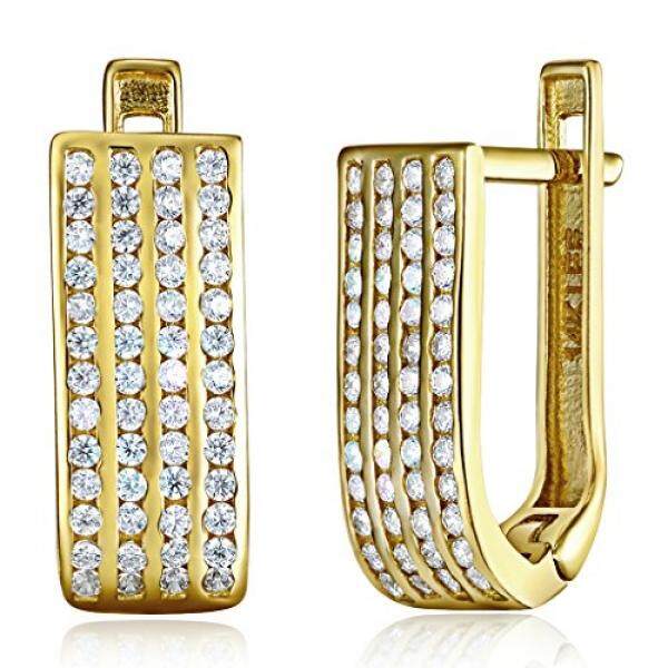 Wellingsale Ladies 14 K Kuning Emas Dipoles 6mm CZ Empat Baris Huggies Hoop Earrings-Intl