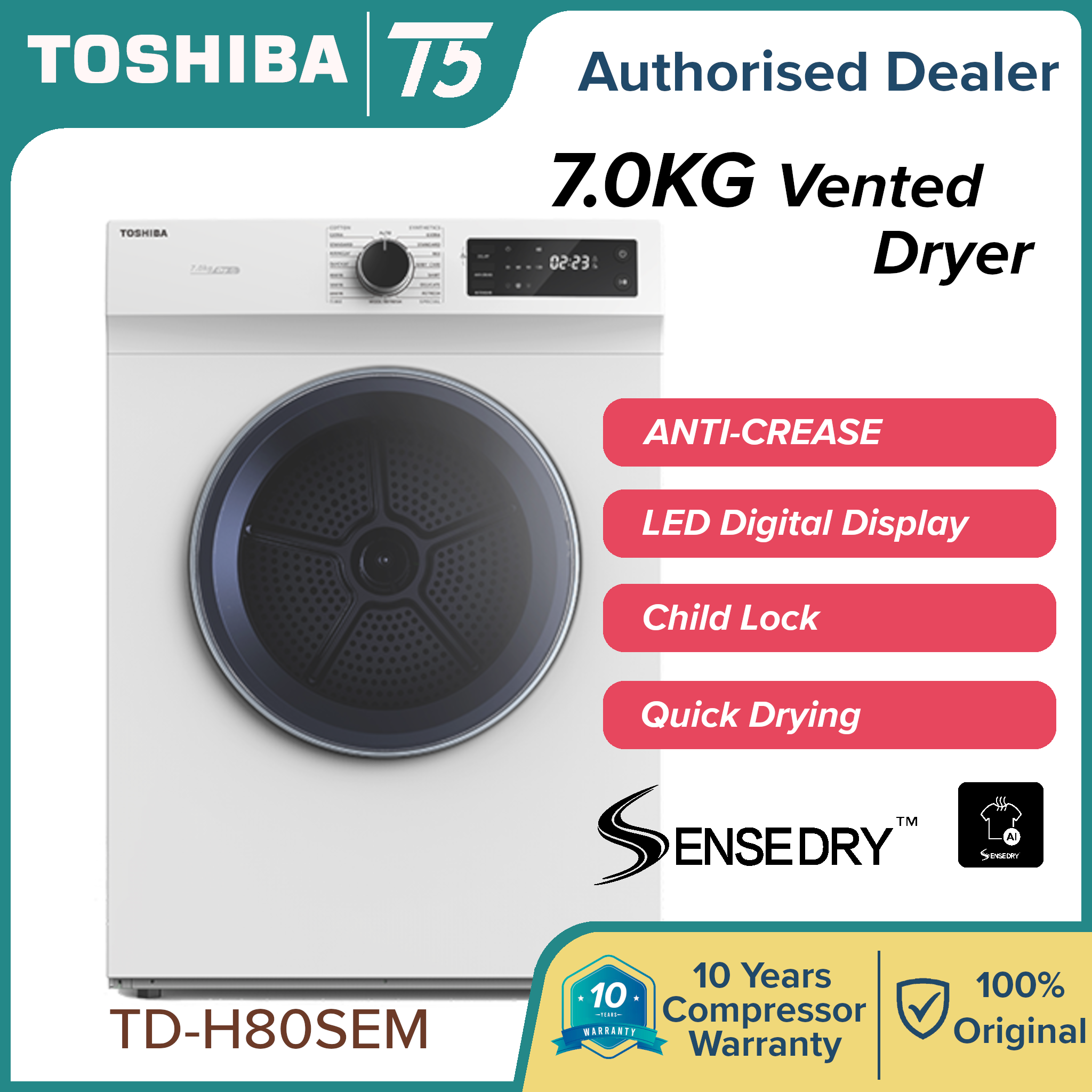 Toshiba 7KG Sensedry Tumble Dryer TD H80SEM TDH80SEM Pengering Baju