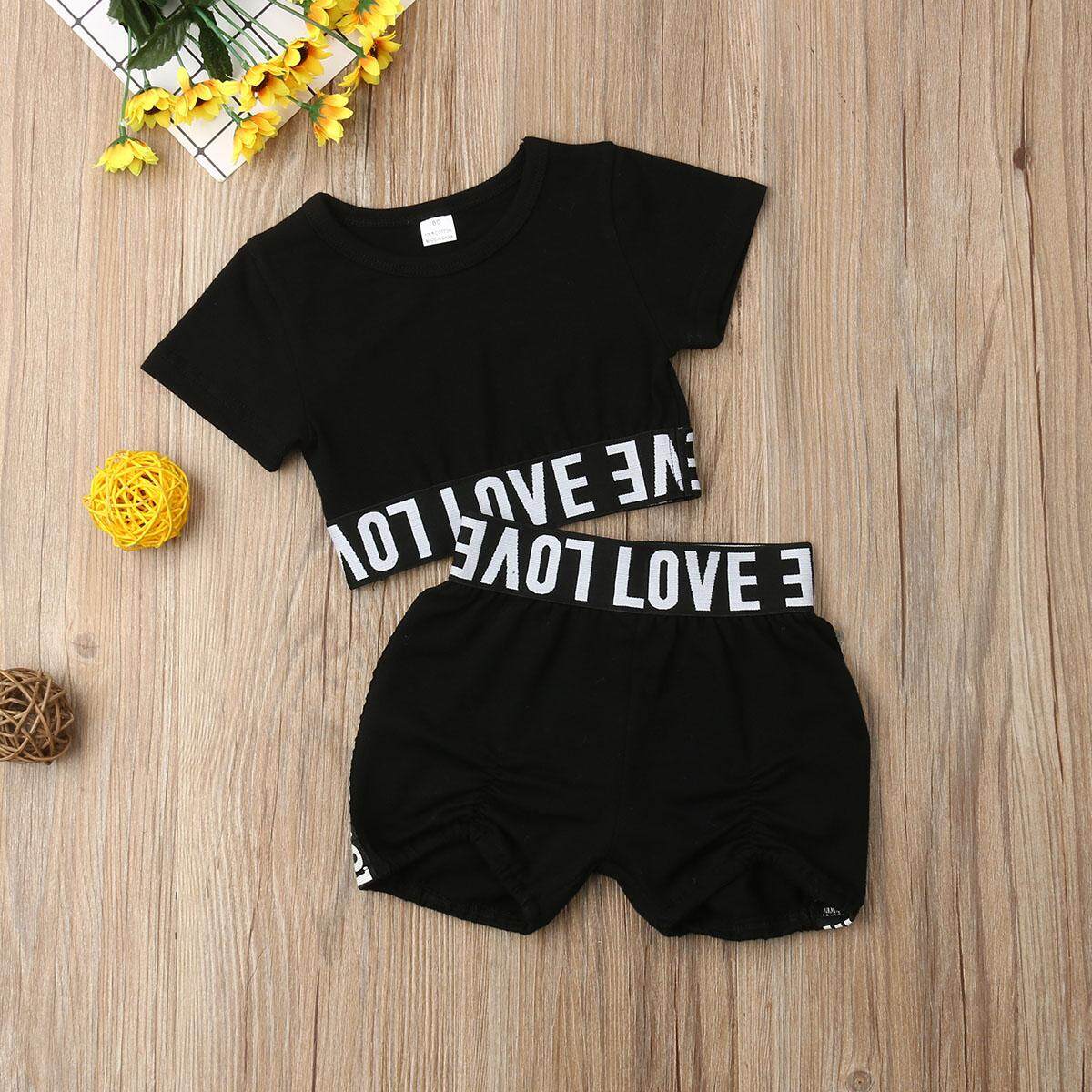2 Pcs เด็กทารกเด็กหญิงเสื้อผ้า Crop Letter เสื้อยืดท็อปแบบตัวสั้นกางเกงกางเกงขาสั้นชุดฤดูร้อนชุด 2 Pcs เด็กทารกเด็กหญิงเสื้อผ้า Crop Letter เสื้อยืดท็อปแบบตัวสั้นกางเกงกางเกงขาสั้นชุดฤดูร้อนชุด
