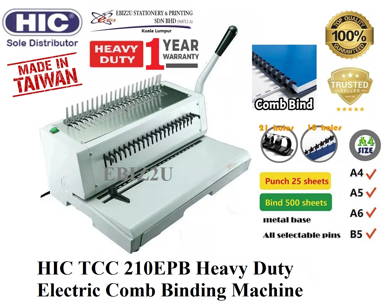 HIC TCC 210EPB Heavy Duty Electric Comb Binding Machine 500 Sheets