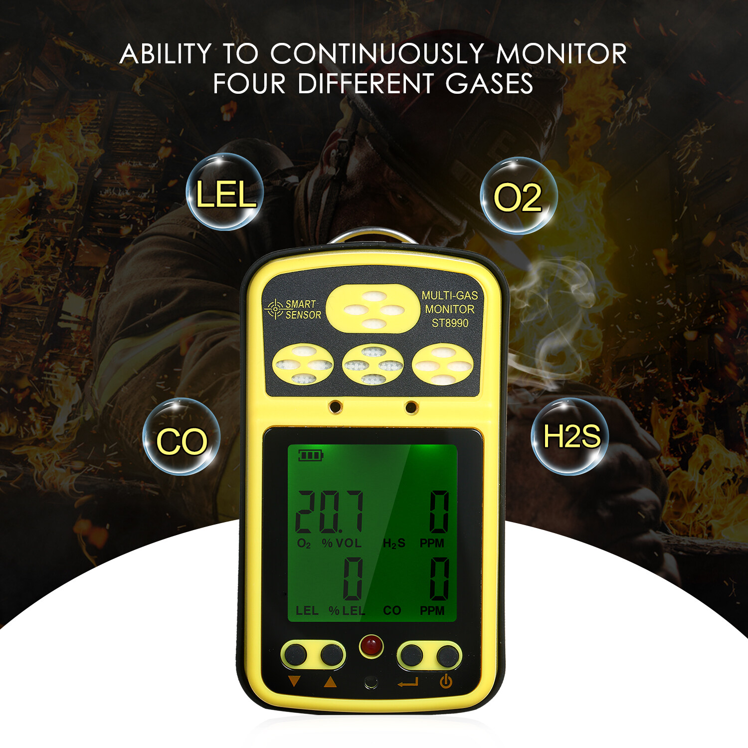 SMART SENSOR ST8990 Multi Gas Monitor Rechargeable 4 in 1 O₂ LEL CO H₂S