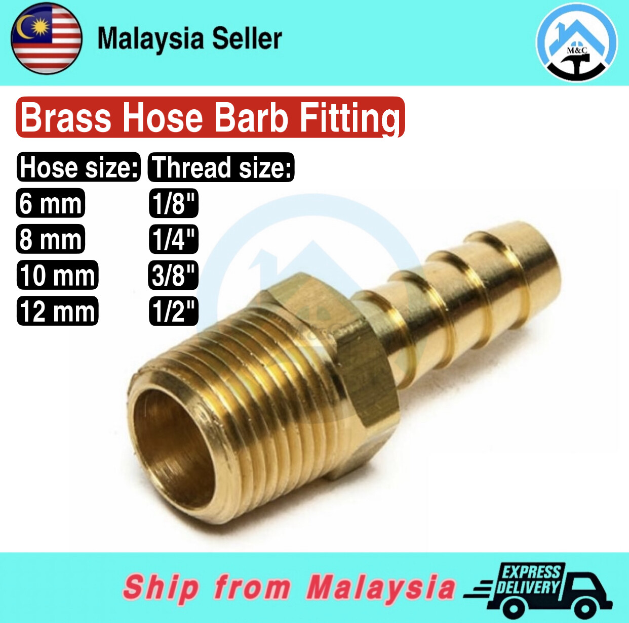 Brass Copper Male Hose Barb Fitting Single Tail Barb Brass Pipe