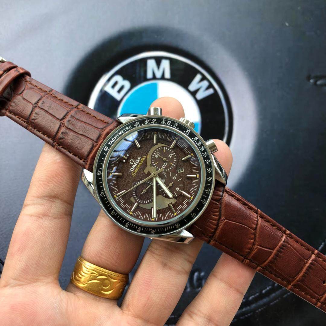 Omega_SPEEDMASTER Jam Fesyen Sederhana Yang Cantik Hitam Dial Kulit Asli Jam Tangan Pria BO72201