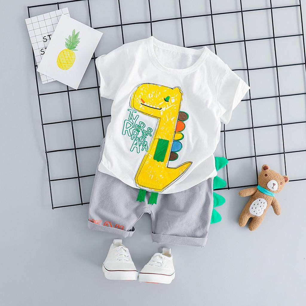KATATA เด็กทารกวัยหัดเดินเด็กไดโนเสาร์เสื้อยืด Patchwork กางเกงขาสั้นชุดลำลอง KATATA เด็กทารกวัยหัดเดินเด็กไดโนเสาร์เสื้อยืด Patchwork กางเกงขาสั้นชุดลำลอง